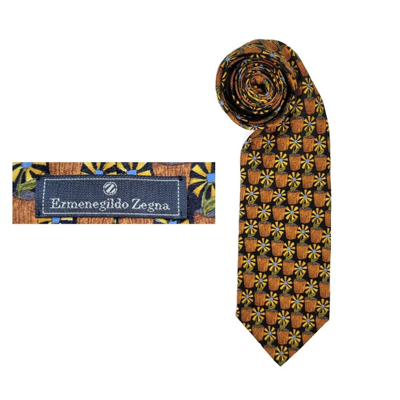 Ermenegildo Zegna Traditional Wide Sunflower Pots 100% Silk Tie - Picture 1 of 12